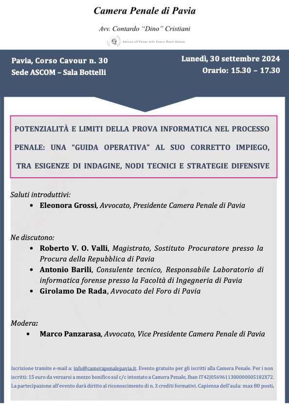 Convegno Prova informatica Avvocato Girolamo De Rada Pavia